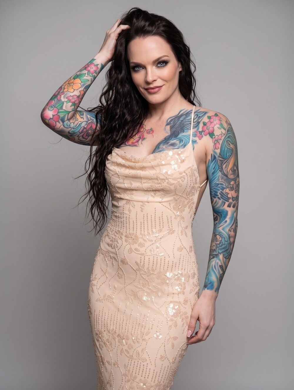 Windsor Luxe ✦ Sequin Beaded Mermaid Formal Gown ✦ Champagne Lace‑Up Back XS NWT